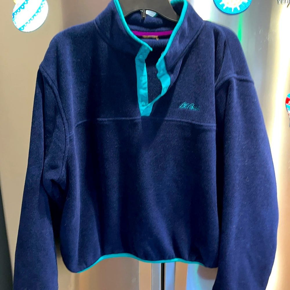 LL Bean BLUE FLEECE jacket aqua trim PULLOVER 4 snap neck, Mens 2XL side pockets